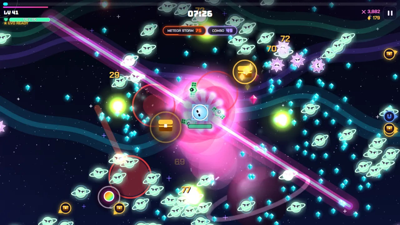 Chroma Storm gameplay: a hero surrounded by glowing enemies in Aurora Void, lasers and rainbow paint everywhere